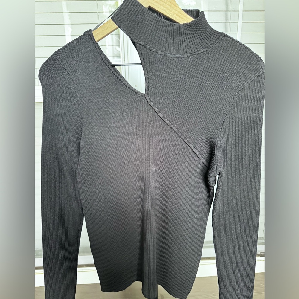 Women’s Halogen Black Shoulder Cut Out Mock Neck Ribbed Sweater Size Medium